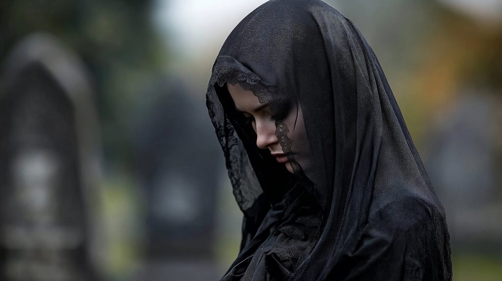 História do luto: mulher enlutada usando preto.
