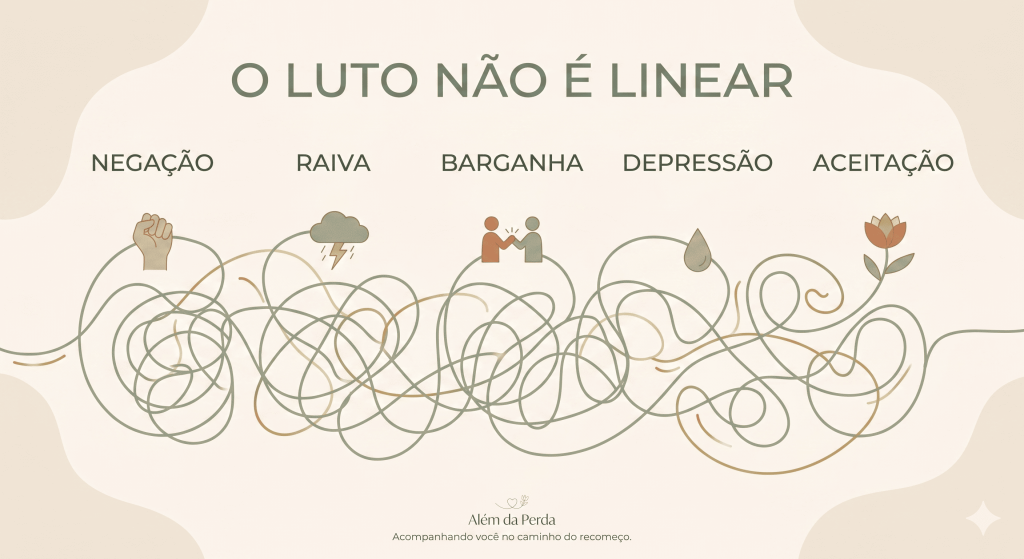 Infográfico sobre a não linearidade do luto e suas fases: negação, raiva, barganha, depressão e aceitação.