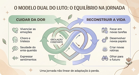 Infográfico apresentando o modelo dual do luto: o equilíbrio da jornada.
